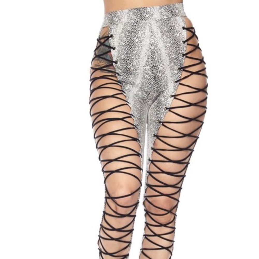 Black and white reptile laced pants